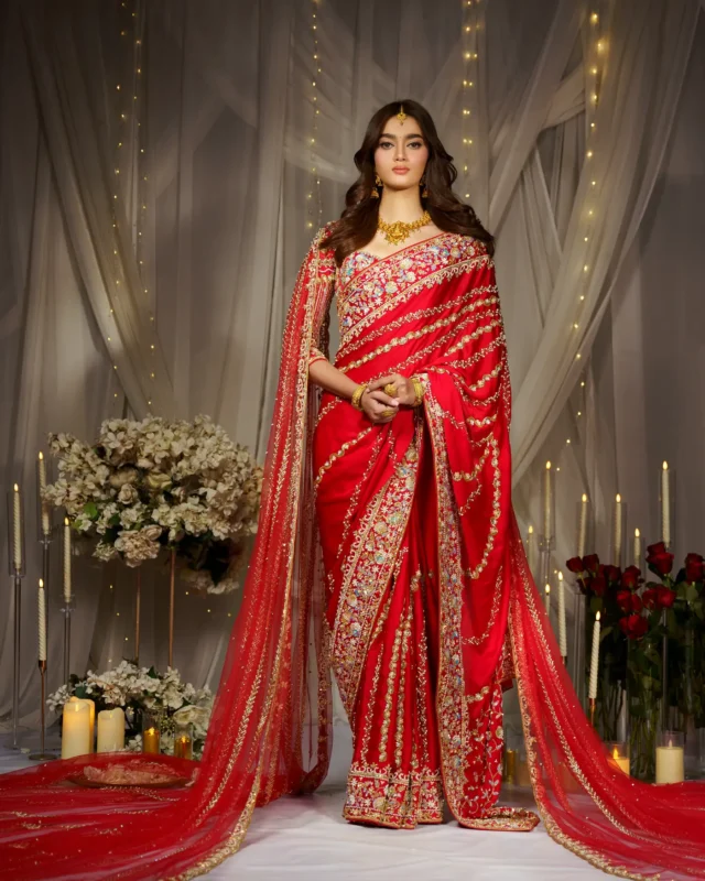 Crimson Red Saree from the Tarangini collection by Sweta Acharya – view 1
