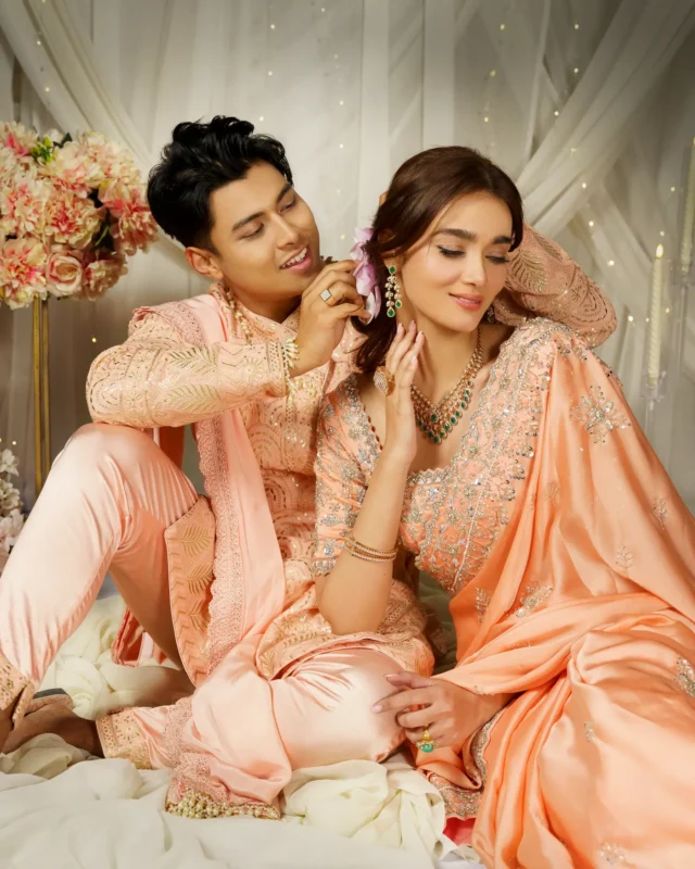 Peach Saree & Peach Daura Suruwal from the Tarangini collection by Sweta Acharya – view 1
