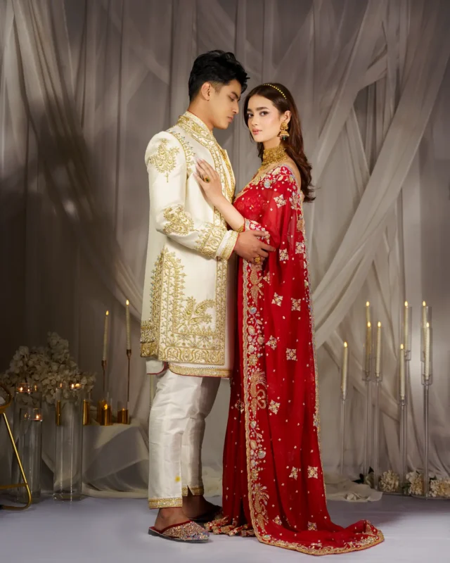 Classic Red Saree & Ivory Daura Suruwal from the Tarangini collection by Sweta Acharya – view 1