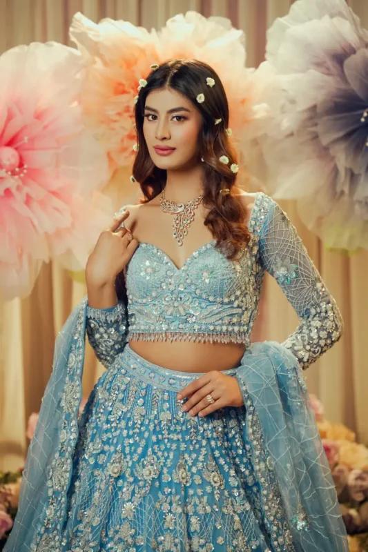 Sky Blue Lehenga by Sweta Acharya – view 1