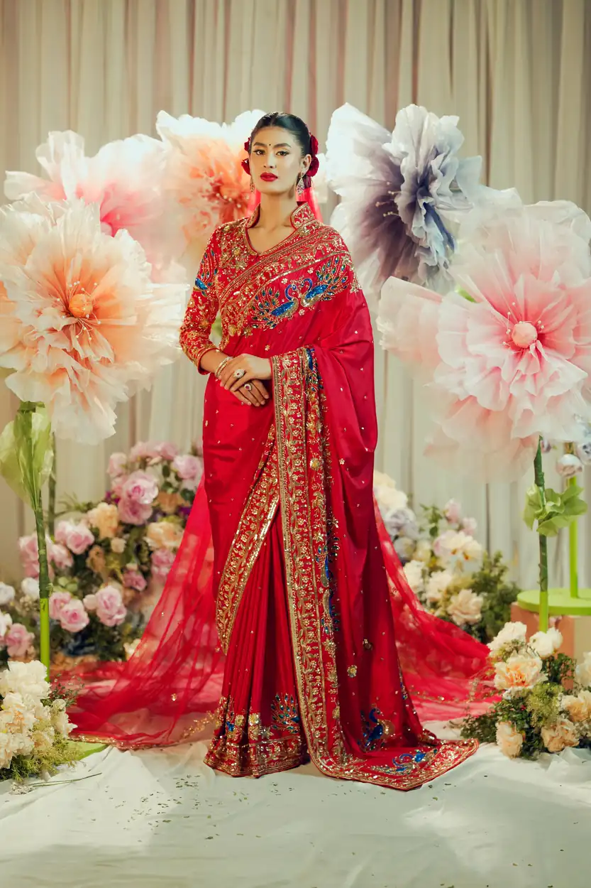 Crimson Red Saree by Sweta Acharya – view 2