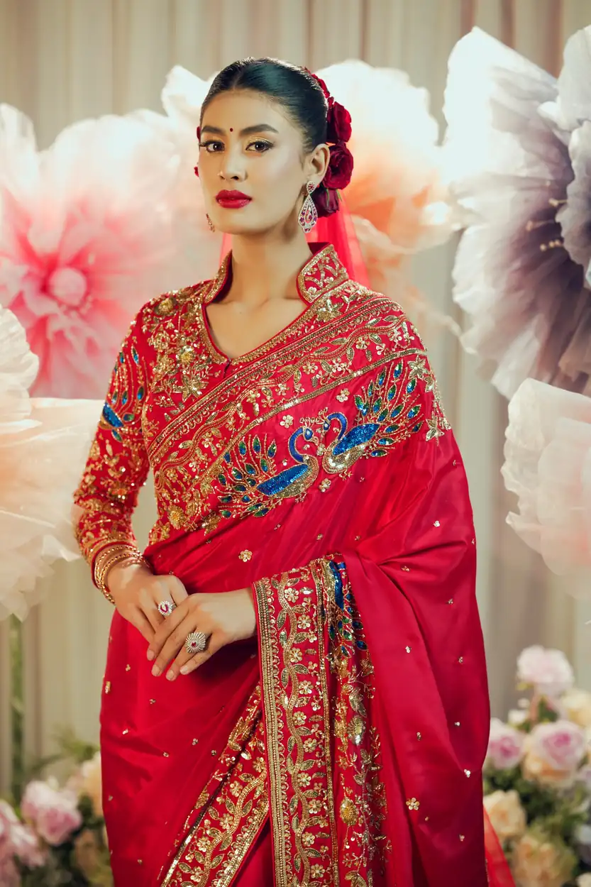 Crimson Red Saree by Sweta Acharya – view 3
