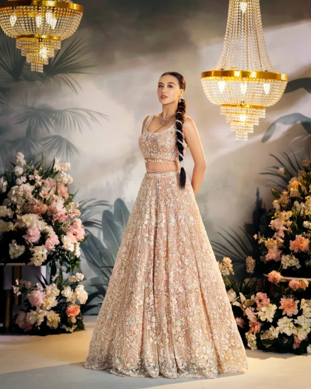 Peach Lehenga by Sweta Acharya